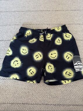 Molo Black Swim Shorts with Neon Yellow Smiley Print - boys size 7/8